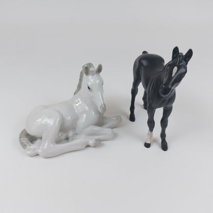 White Horse Recumbent Lomonosov Porcelain - USSR & Black Horse Figurine Beswick