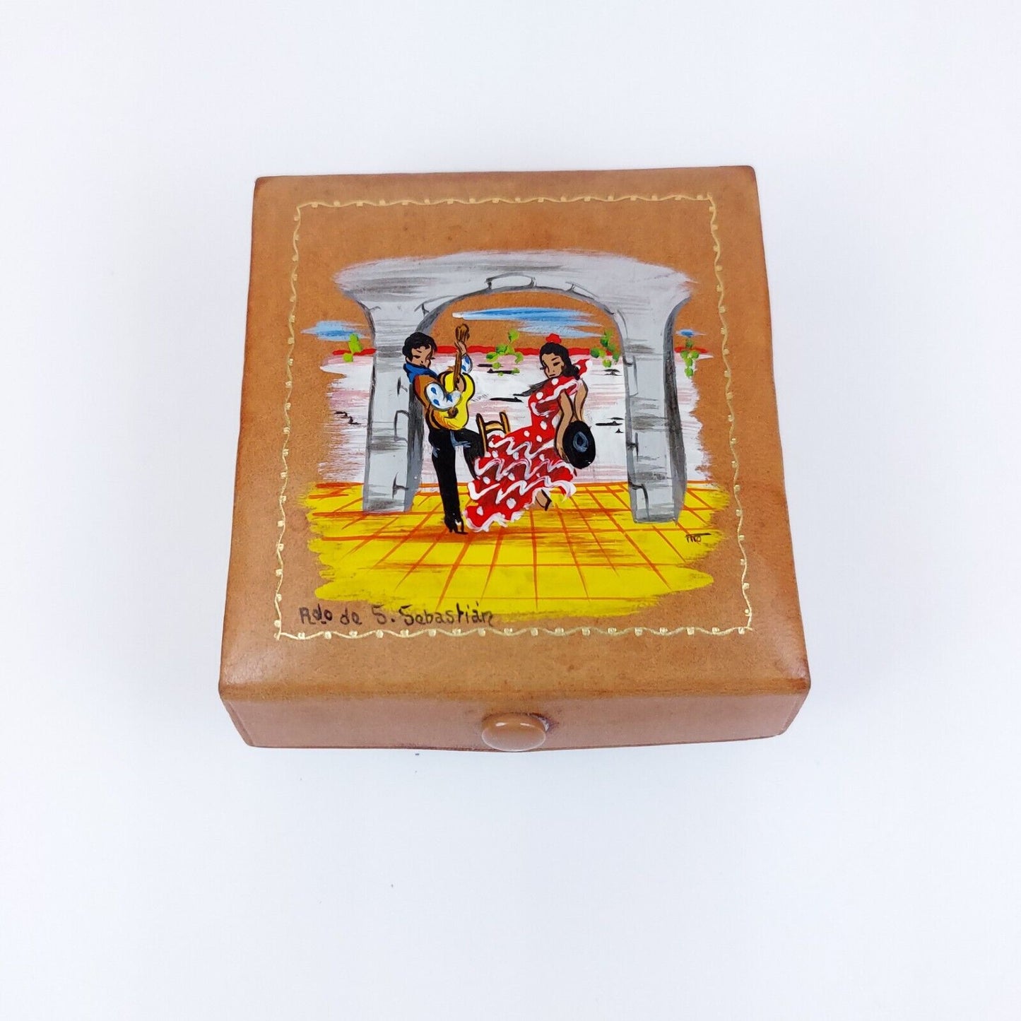 Handmade-painted Vintage Leather Jewelry Box with Flamenco Dancers- S. Sebastián