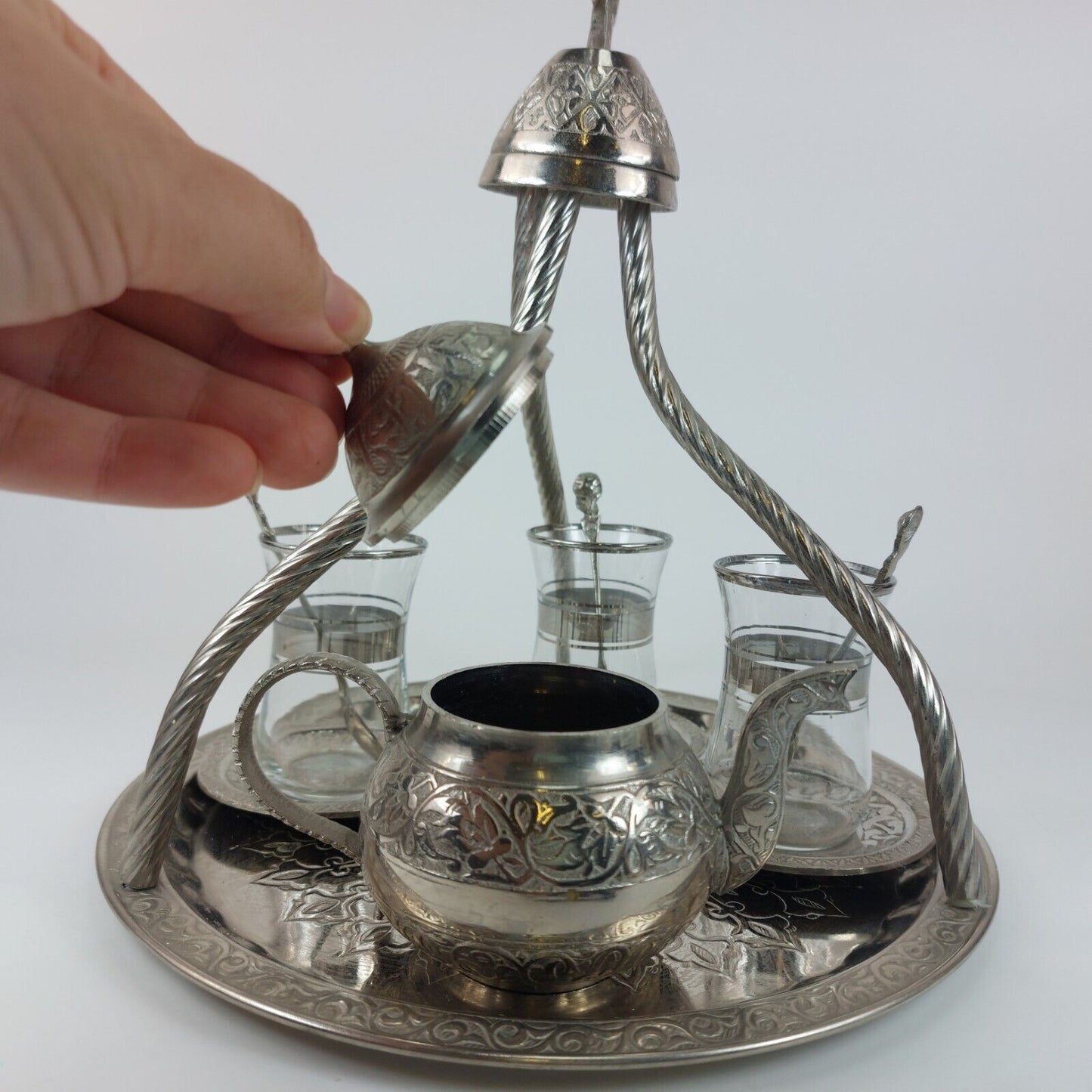 Turkish/Persian Handmade Hammered Stainless Steel Tea Set with Tray and Cups