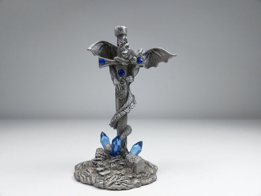 RARE Gothic Dragon Figurine w/ Blue Gems 12cm Metallic Fantasy Collectible