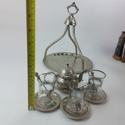 Turkish/Persian Handmade Hammered Stainless Steel Tea Set with Tray and Cups