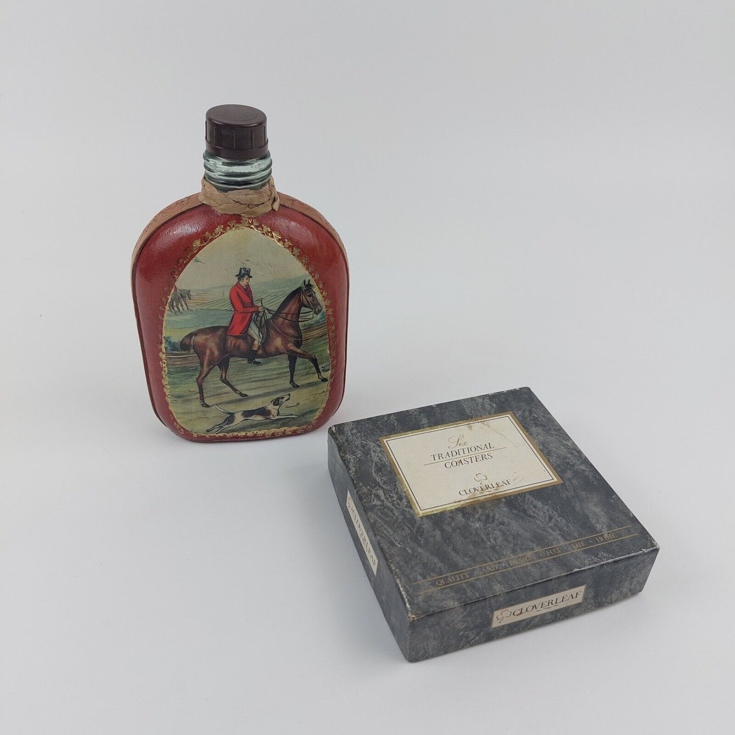 Vintage Equestrian Flask & Cloverleaf Traditional Coasters Set