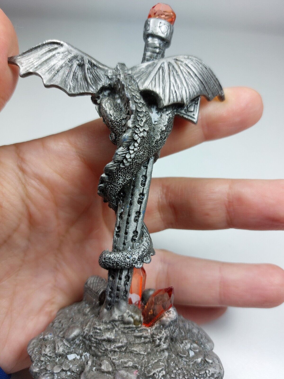 RARE Gothic Dragon Figurine with Gem  Sword - Heavy Metallic Fantasy Collectible