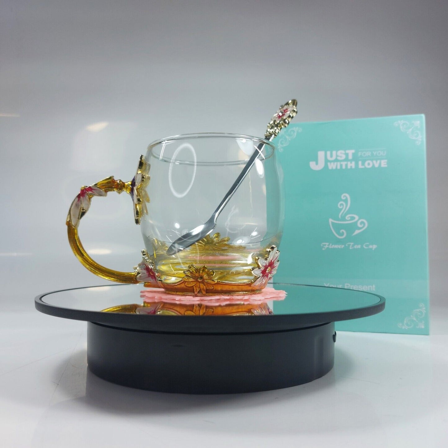 Elegant Glass Tea Cup Set with Spoon and Floral Coaster - Gift Box Included