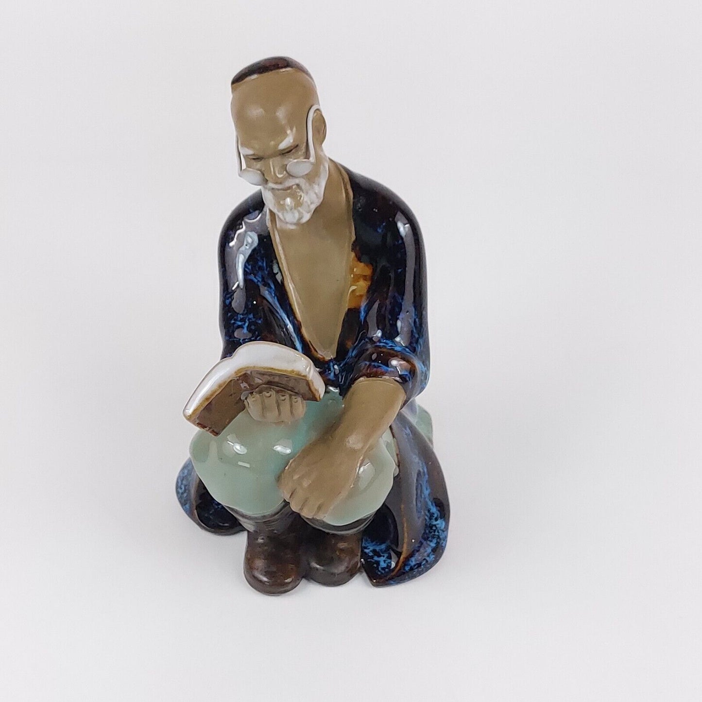 Vintage 1960s Chinese Shiwan Mudmen Figurine – 6" Reading Man in Blue Robe