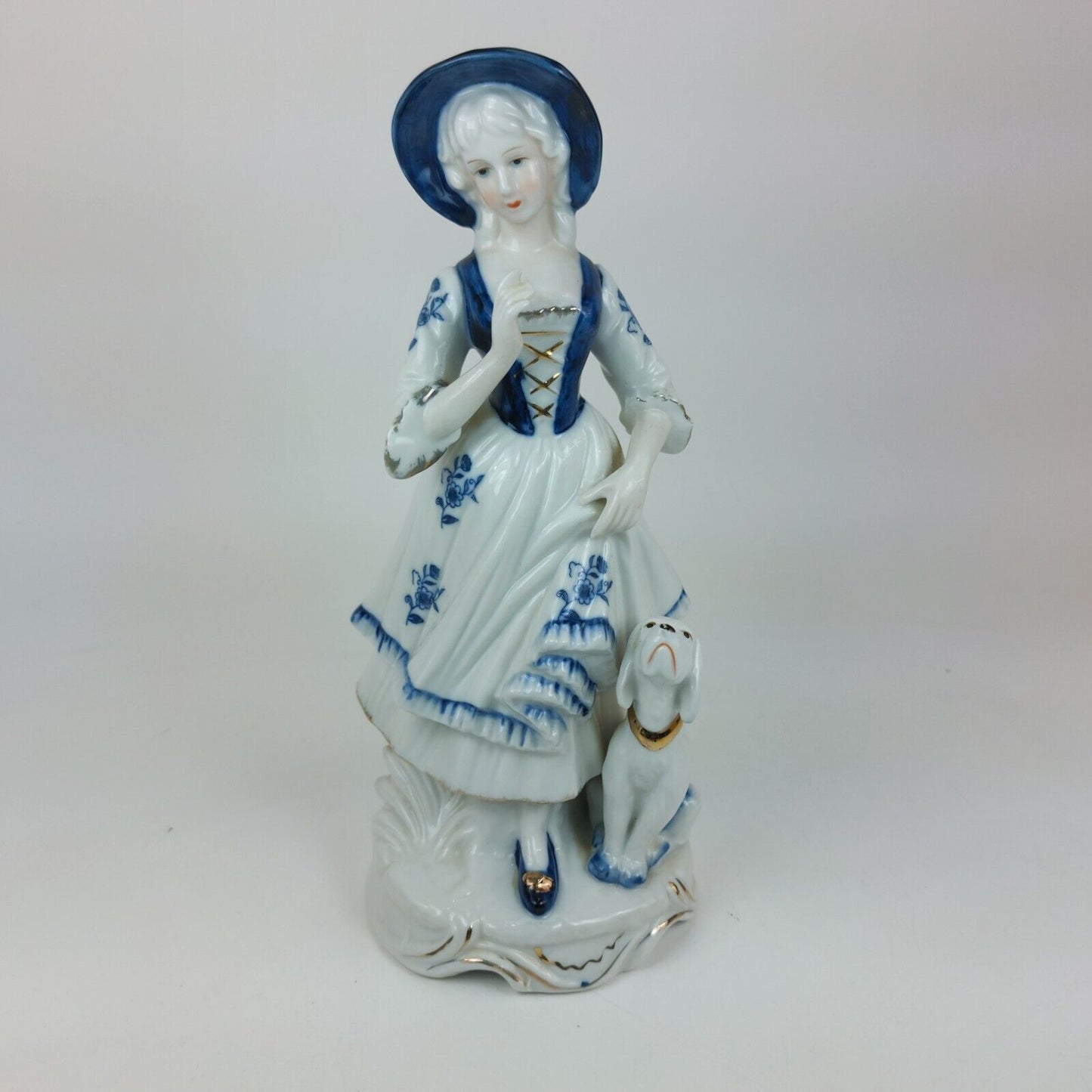 Leonardo Collection Porcelain Lady Figurine with Dog, Blue and White Dress