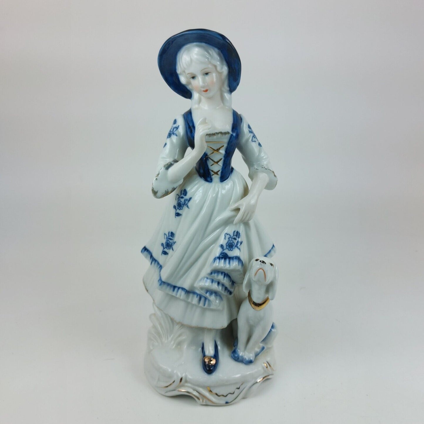 Leonardo Collection Porcelain Lady Figurine with Dog, Blue and White Dress