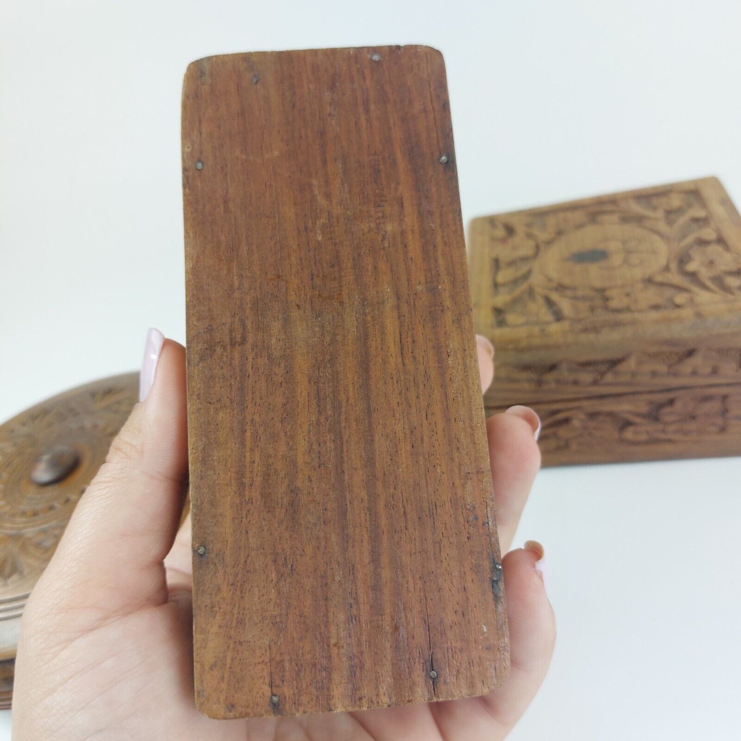 Vintage Hand-Carved Wooden Jewelry Boxes - Set of 3, Intricate Designs