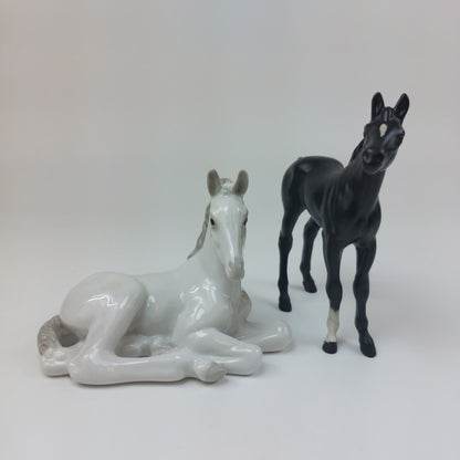 White Horse Recumbent Lomonosov Porcelain - USSR & Black Horse Figurine Beswick