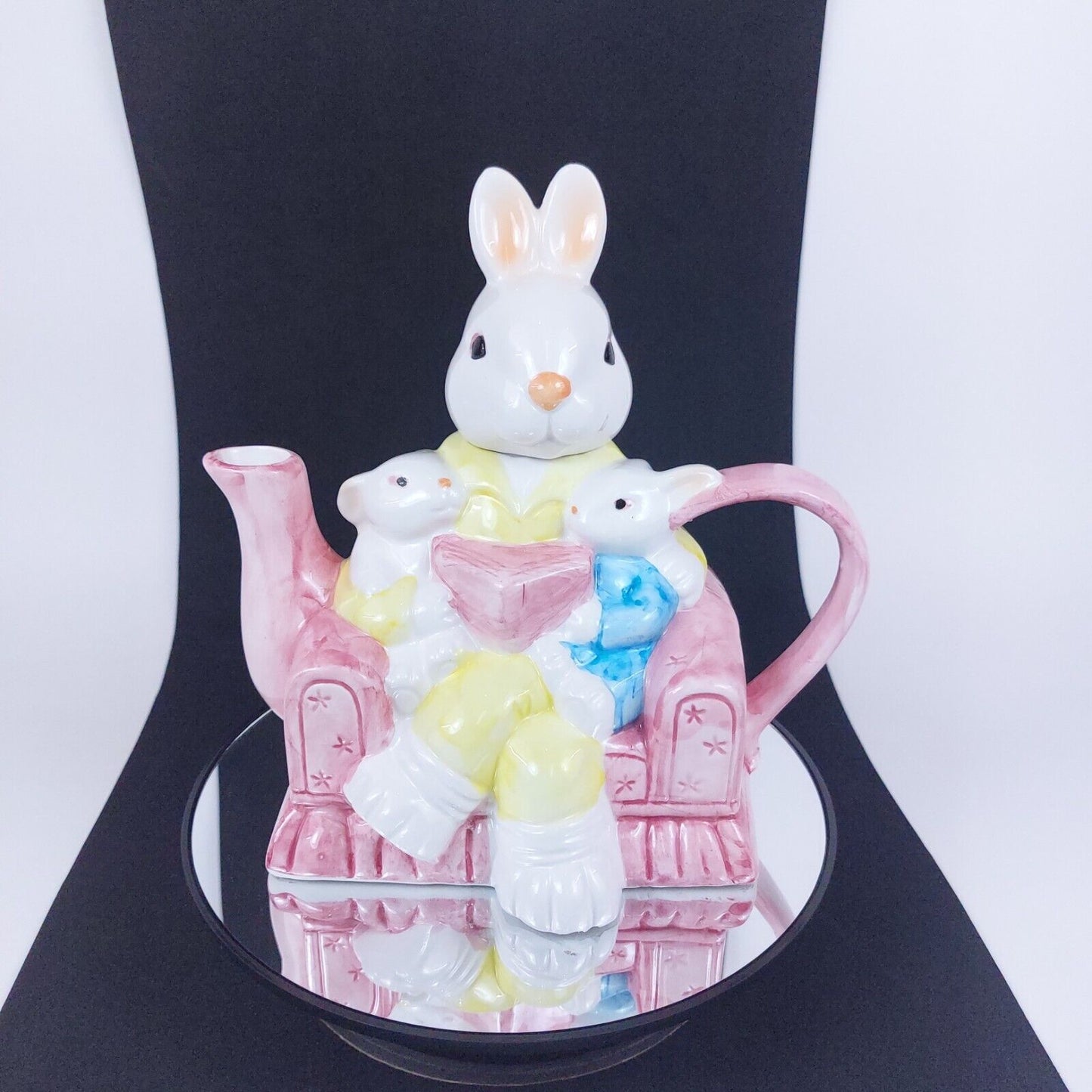 Ceramic Rabbit Family Teapot Hand-Painted Decorative Pink Pastel Collectible