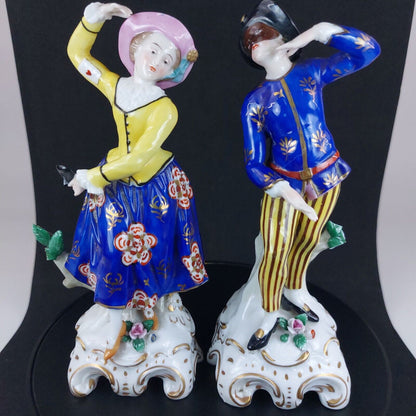 Antique Porcelain Figurines, Woman and Man Dancing, Vibrant Hand-Painted Details