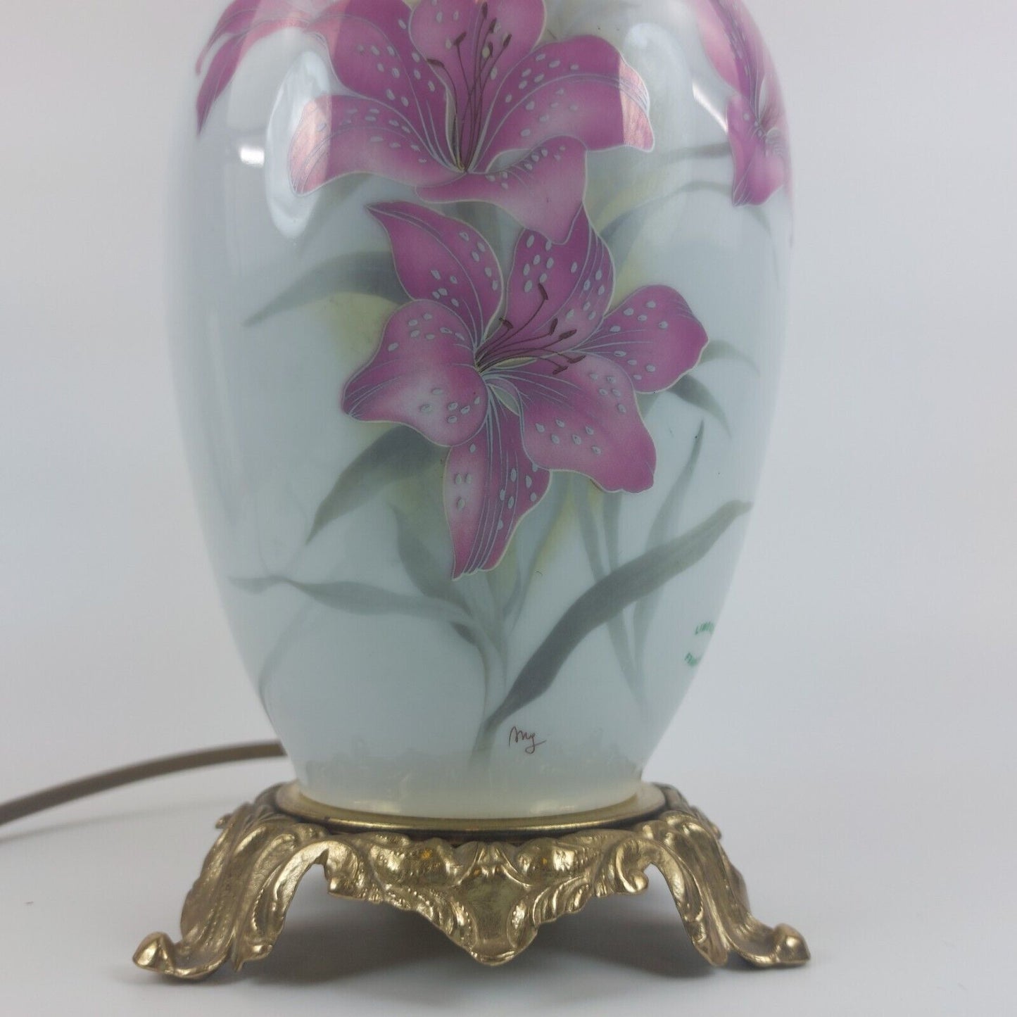 Limoges France Porcelain Lamp with Floral Design, Gold Accents, Estimated 1960's