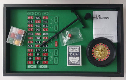 2-in-1 Casino Style Roulette & Blackjack Game Set - Reversible Board, Chips, Car