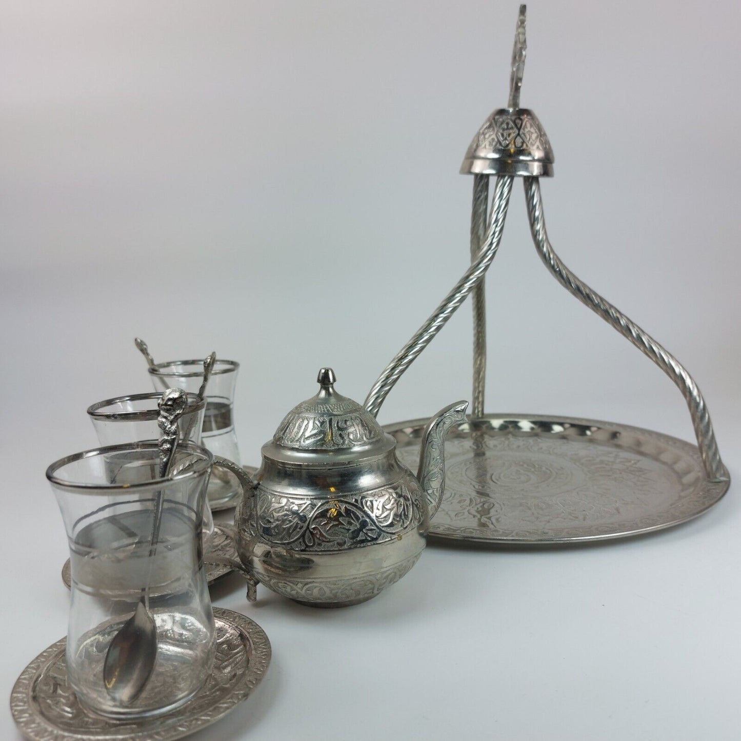 Turkish/Persian Handmade Hammered Stainless Steel Tea Set with Tray and Cups