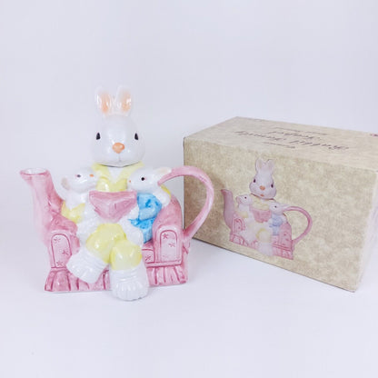 Ceramic Rabbit Family Teapot Hand-Painted Decorative Pink Pastel Collectible