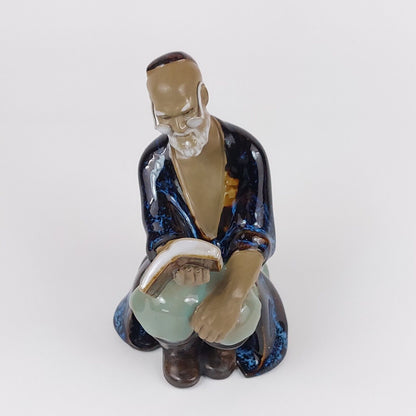 Vintage 1960s Chinese Shiwan Mudmen Figurine – 6" Reading Man in Blue Robe