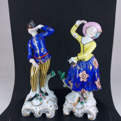 Antique Porcelain Figurines, Woman and Man Dancing, Vibrant Hand-Painted Details