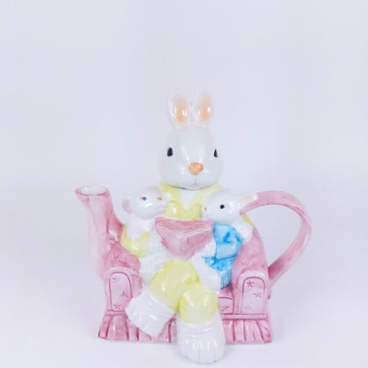 Ceramic Rabbit Family Teapot Hand-Painted Decorative Pink Pastel Collectible