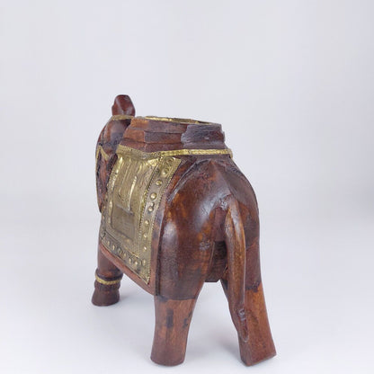 Rare Ornate Handcrafted Wooden Elephant with Brass Accents – Valuable Art