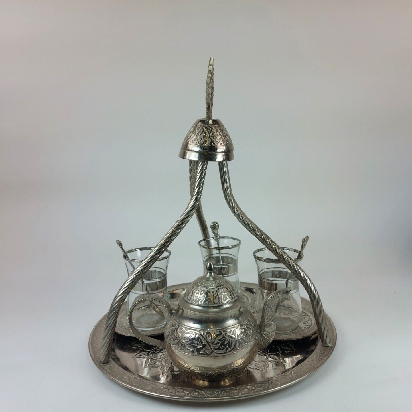 Turkish/Persian Handmade Hammered Stainless Steel Tea Set with Tray and Cups