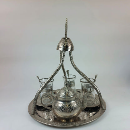 Turkish/Persian Handmade Hammered Stainless Steel Tea Set with Tray and Cups