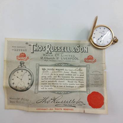 1929 Thomas Russell & Son Full Hunter Pocket Watch, Swiss Movement, Gold Plated