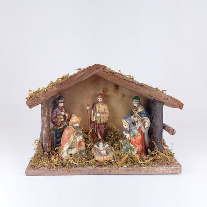 Vintage Nativity Set Resin Figures Wooden Manger Moss Detail International Chris