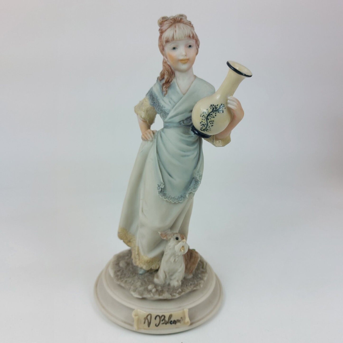 A. Belcari Capodimonte Figurine, Signed 1987, Italian Porcelain Girl with Dog