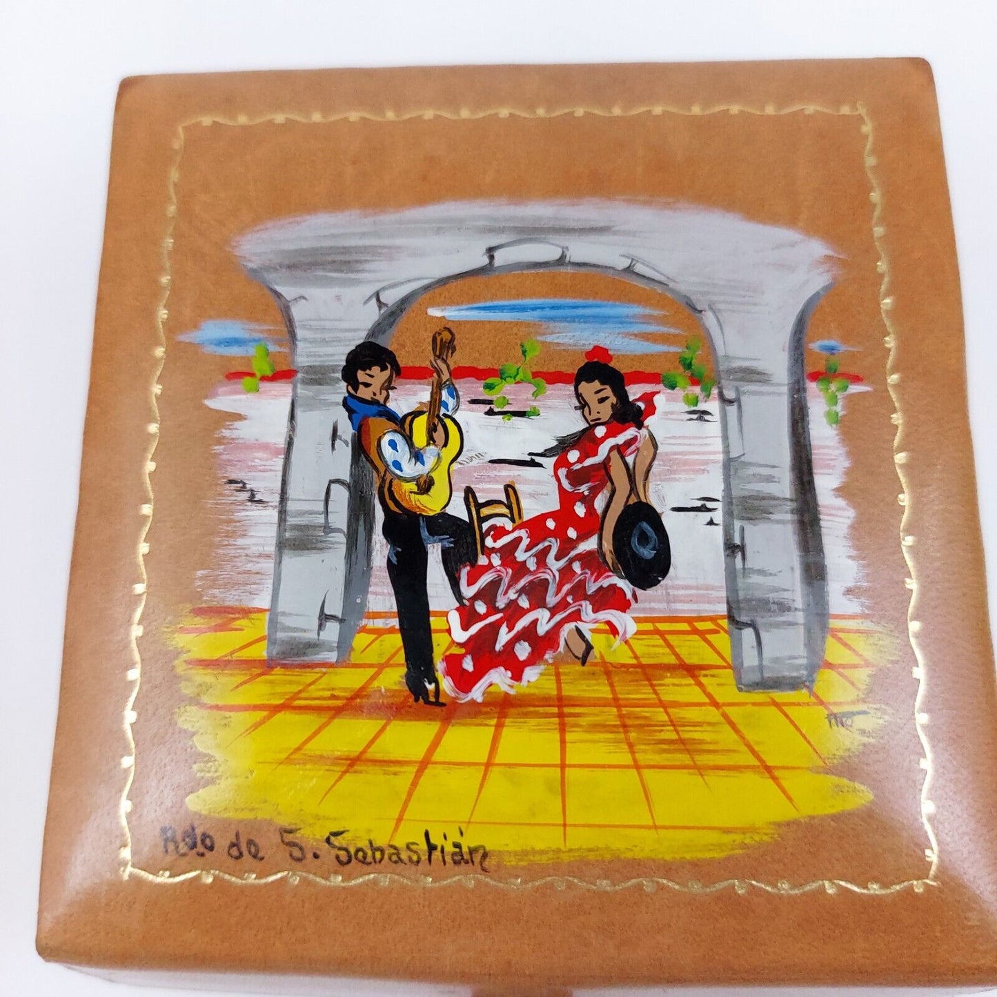 Handmade-painted Vintage Leather Jewelry Box with Flamenco Dancers- S. Sebastián