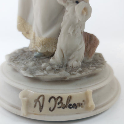 A. Belcari Capodimonte Figurine, Signed 1987, Italian Porcelain Girl with Dog