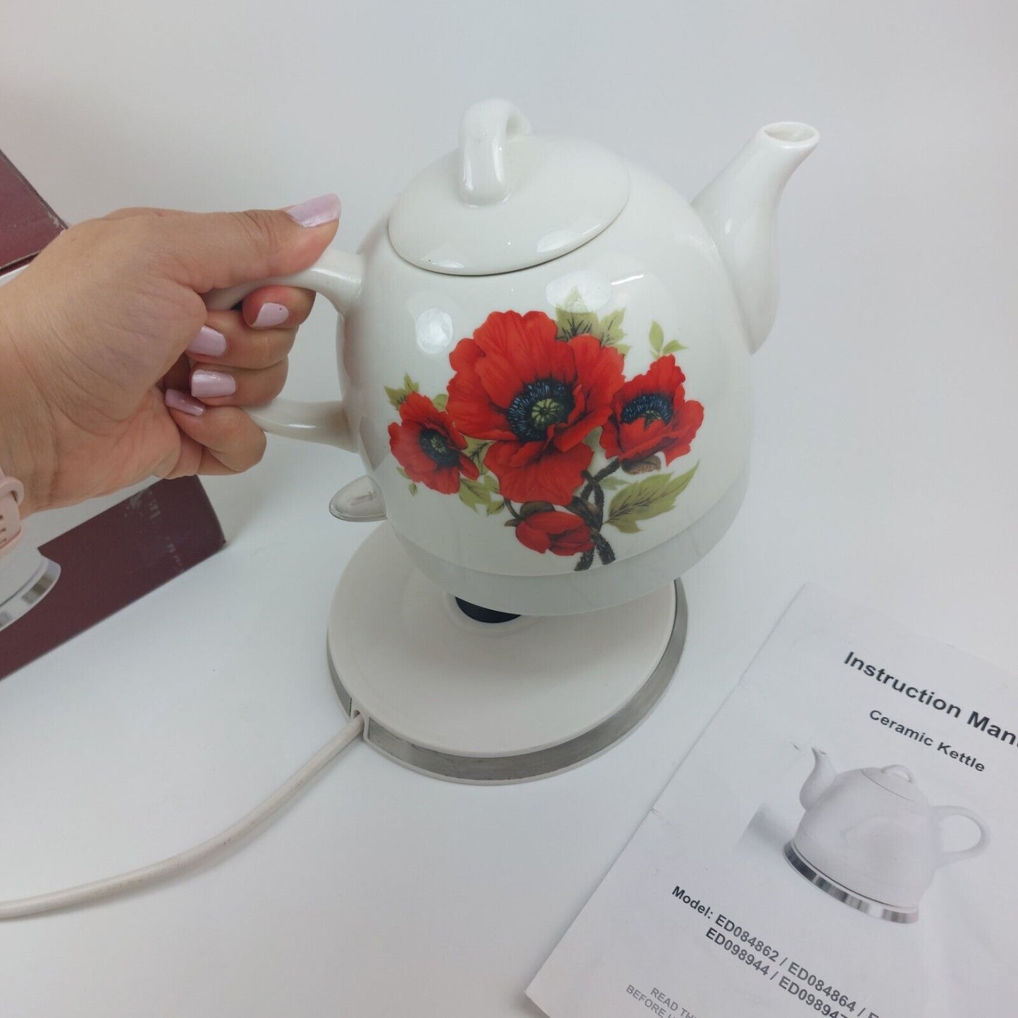 Elitech Classic Ceramic Poppy Electric Teapot Kettle Rose Floral Pattrn 1L Retro