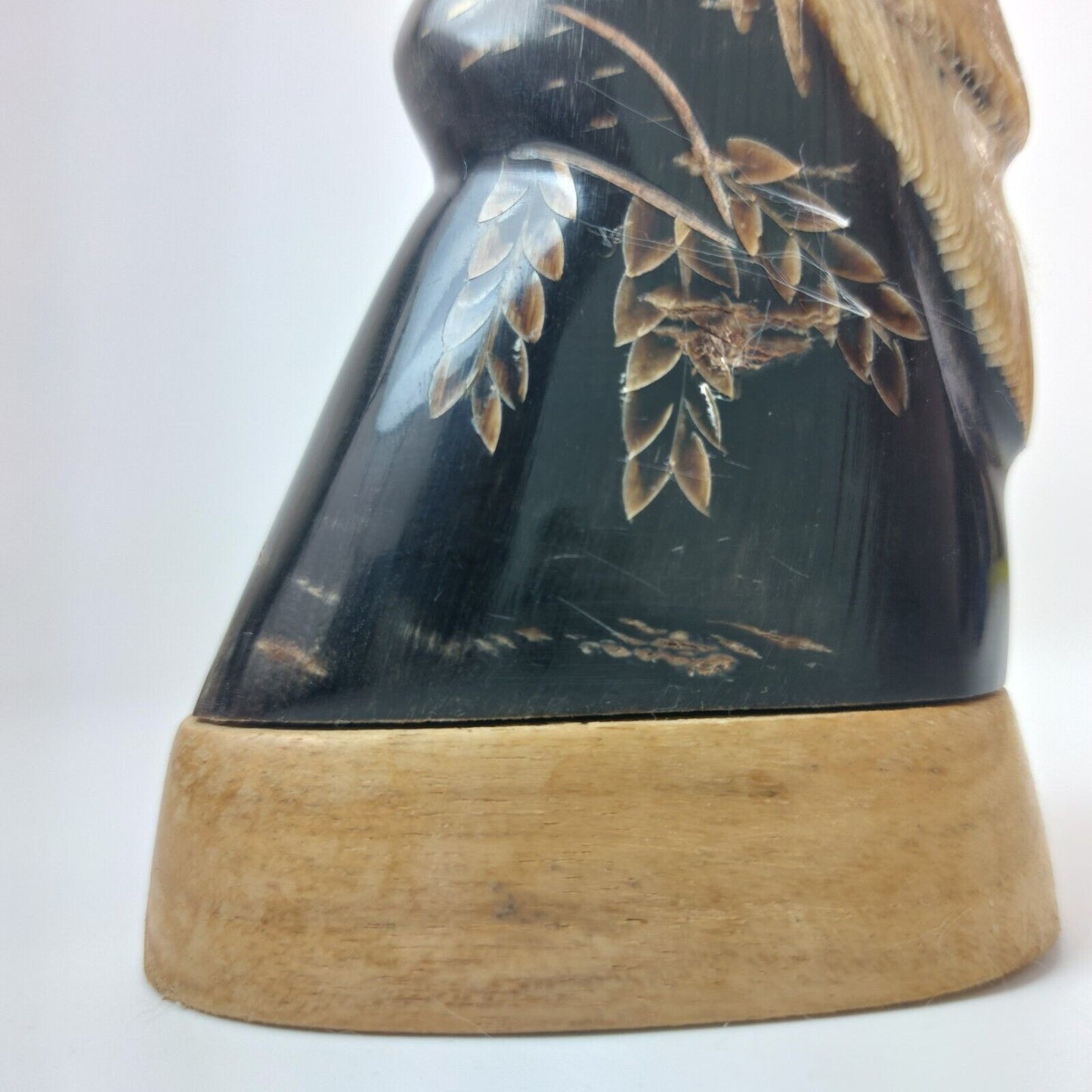 Hand-Carved Buffalo Horn Eagle Figurine 6-Inch on Wooden Base - Good Condition