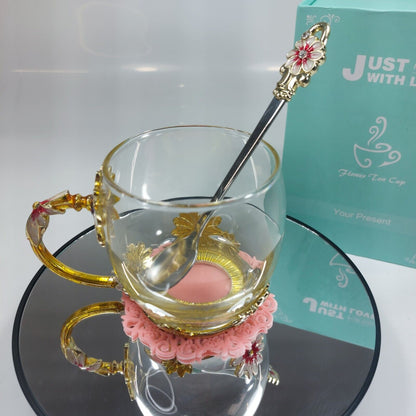 Elegant Glass Tea Cup Set with Spoon and Floral Coaster - Gift Box Included