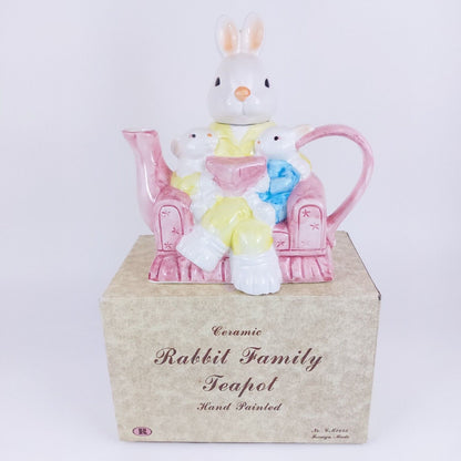 Ceramic Rabbit Family Teapot Hand-Painted Decorative Pink Pastel Collectible