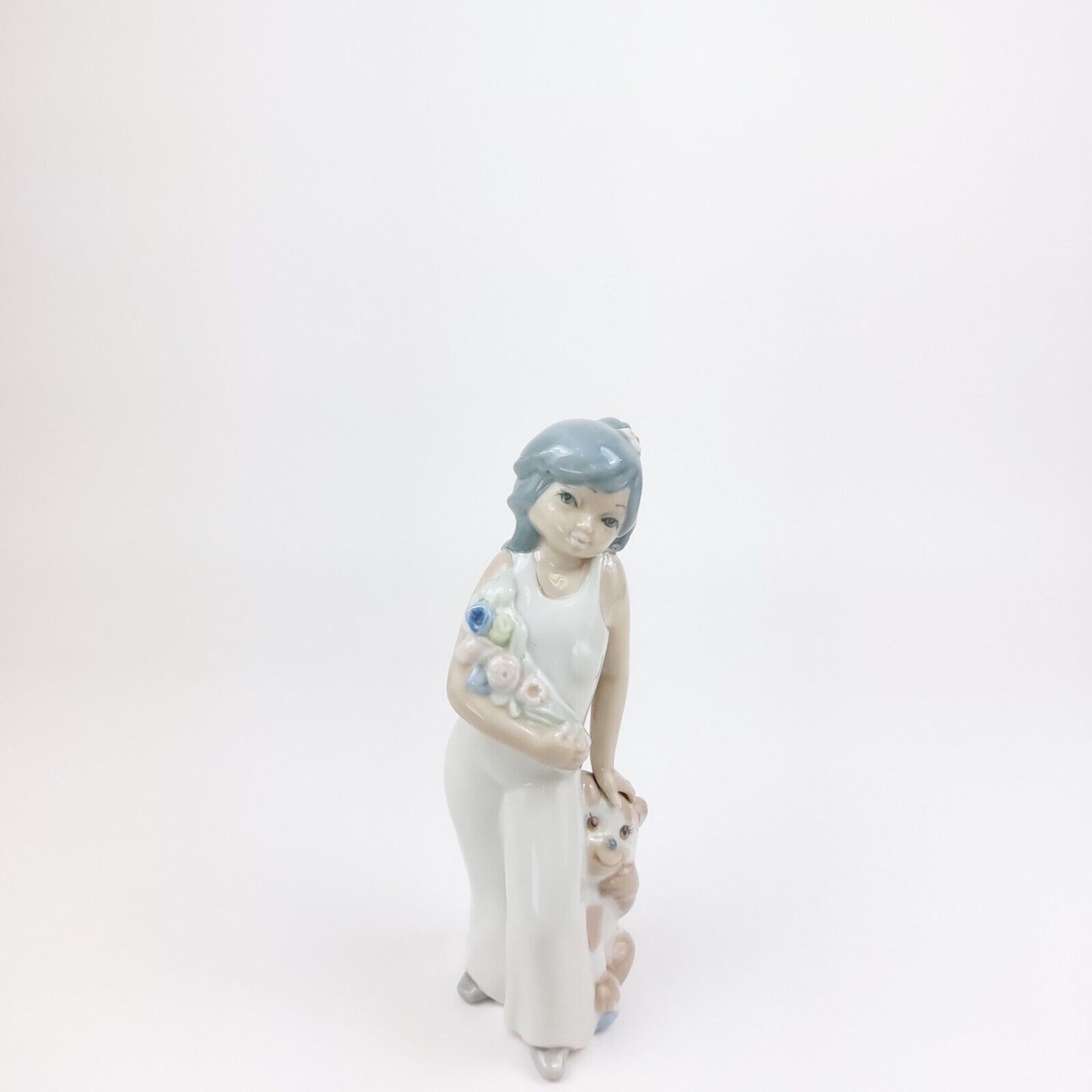 Casades Ceramic Figurine - "Girl with Flowers & Puppy" Made in Spain