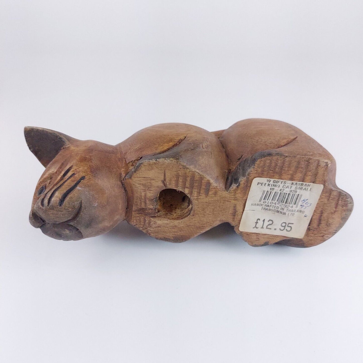 Peeking Cat From 1997 Vintage Hand Carved Wooden Cat Figurine/ Statue/ Ornament