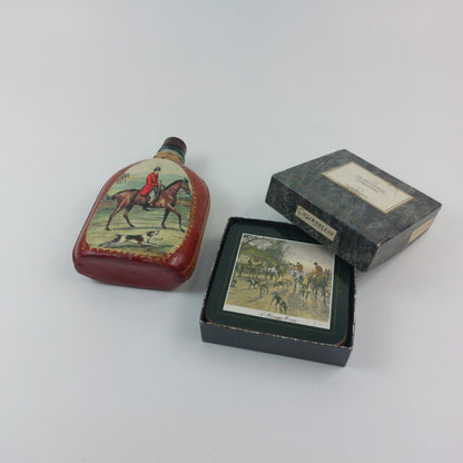 Vintage Equestrian Flask & Cloverleaf Traditional Coasters Set