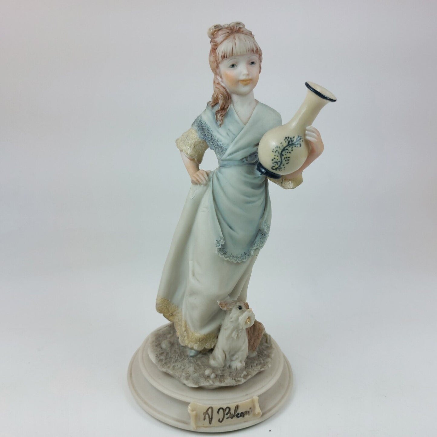 A. Belcari Capodimonte Figurine, Signed 1987, Italian Porcelain Girl with Dog