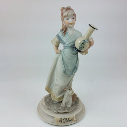 A. Belcari Capodimonte Figurine, Signed 1987, Italian Porcelain Girl with Dog