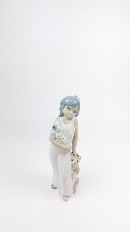 Casades Ceramic Figurine - "Girl with Flowers & Puppy" Made in Spain