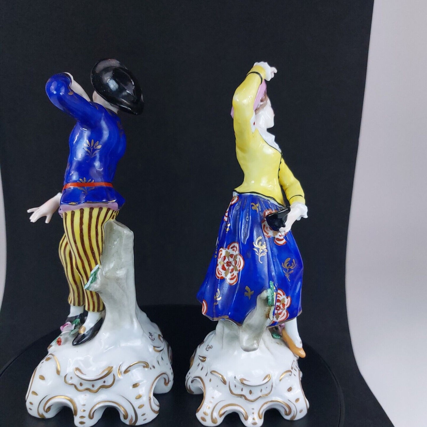 Antique Porcelain Figurines, Woman and Man Dancing, Vibrant Hand-Painted Details