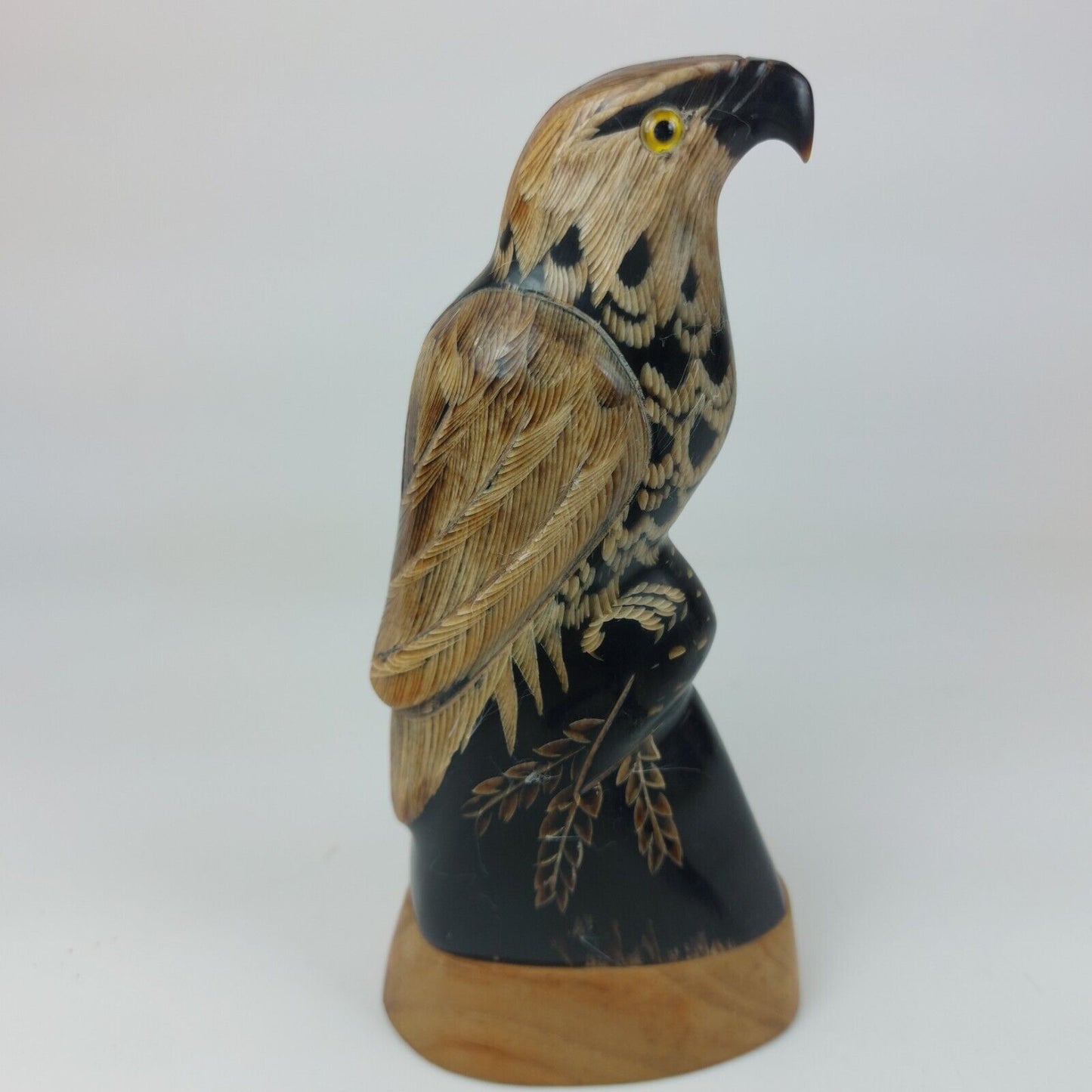 Hand-Carved Buffalo Horn Eagle Figurine 6-Inch on Wooden Base - Good Condition