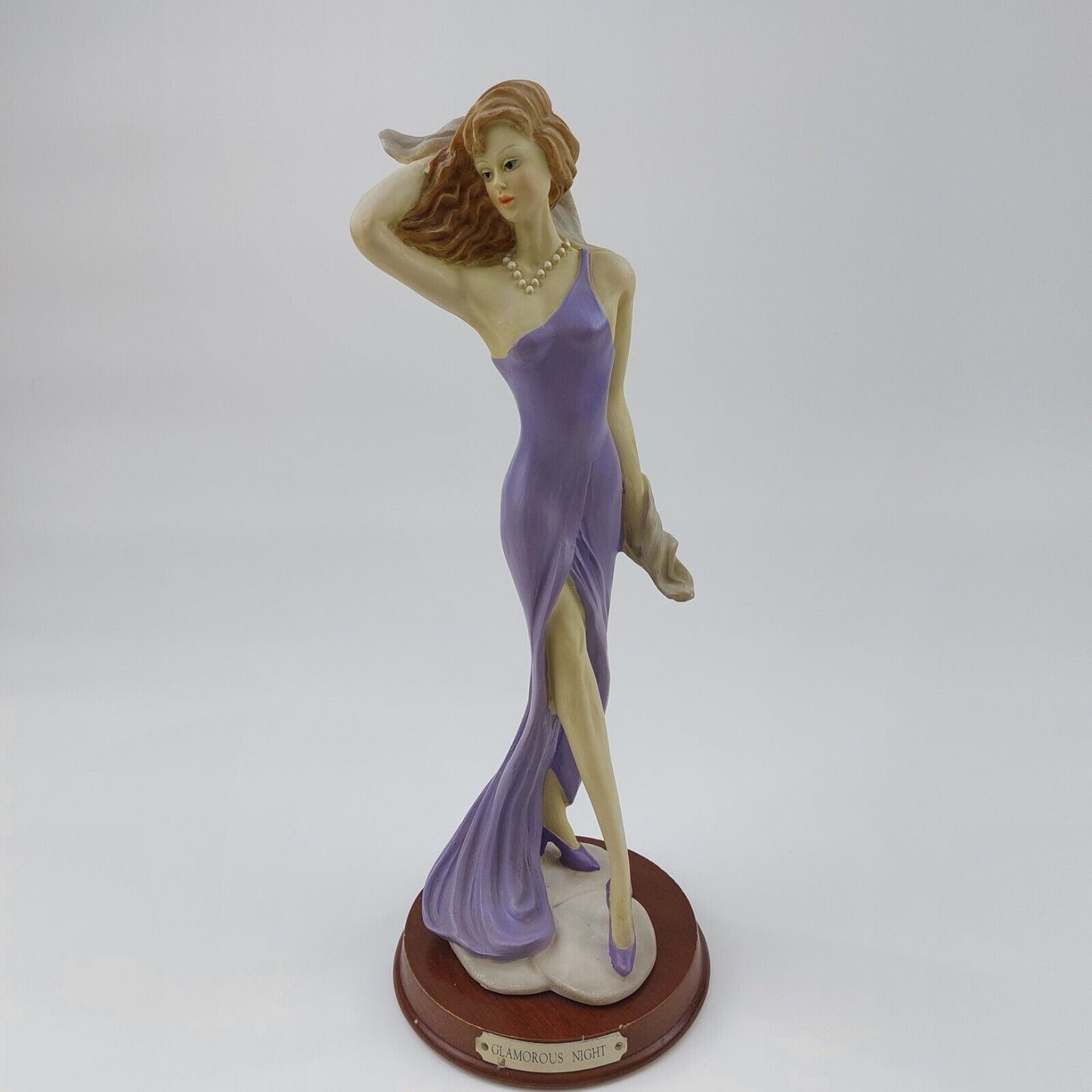 Glamorous Night Figurine - Rare 1990s Collectible in Purple Dress with Wood Base