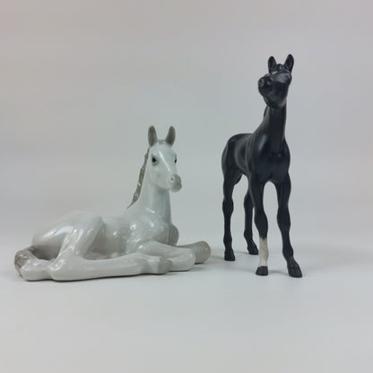 White Horse Recumbent Lomonosov Porcelain - USSR & Black Horse Figurine Beswick