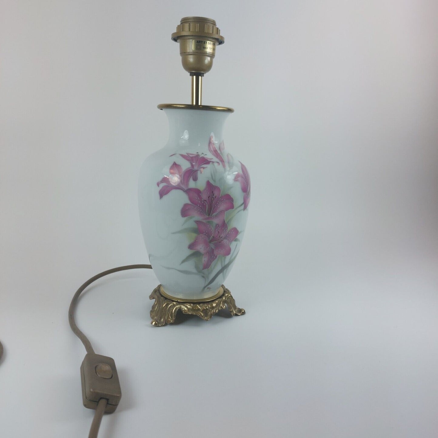 Limoges France Porcelain Lamp with Floral Design, Gold Accents, Estimated 1960's