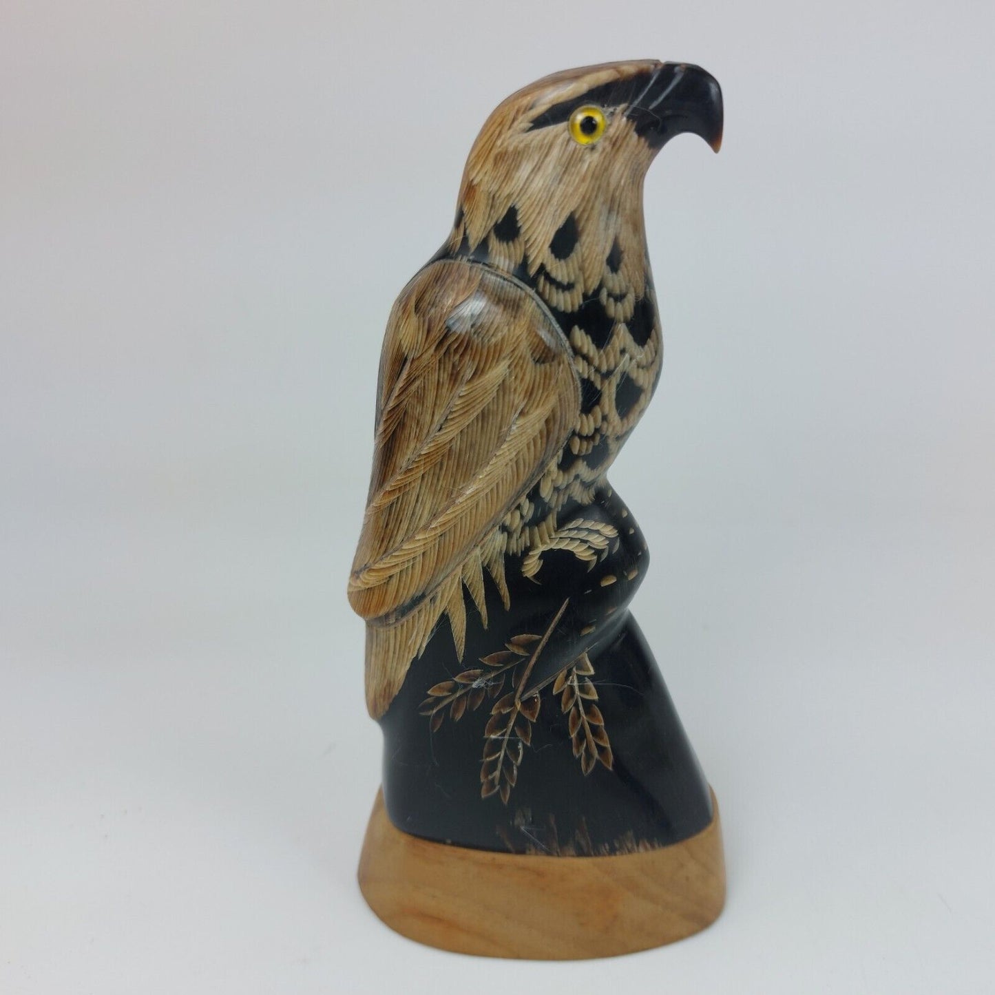 Hand-Carved Buffalo Horn Eagle Figurine 6-Inch on Wooden Base - Good Condition