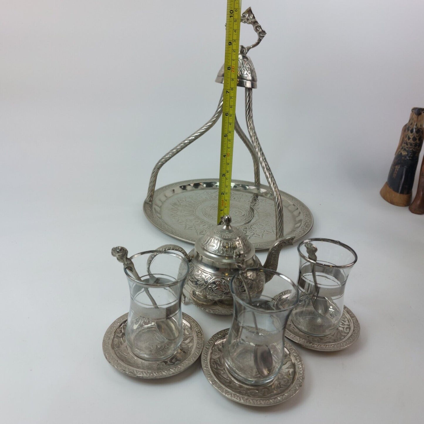 Turkish/Persian Handmade Hammered Stainless Steel Tea Set with Tray and Cups