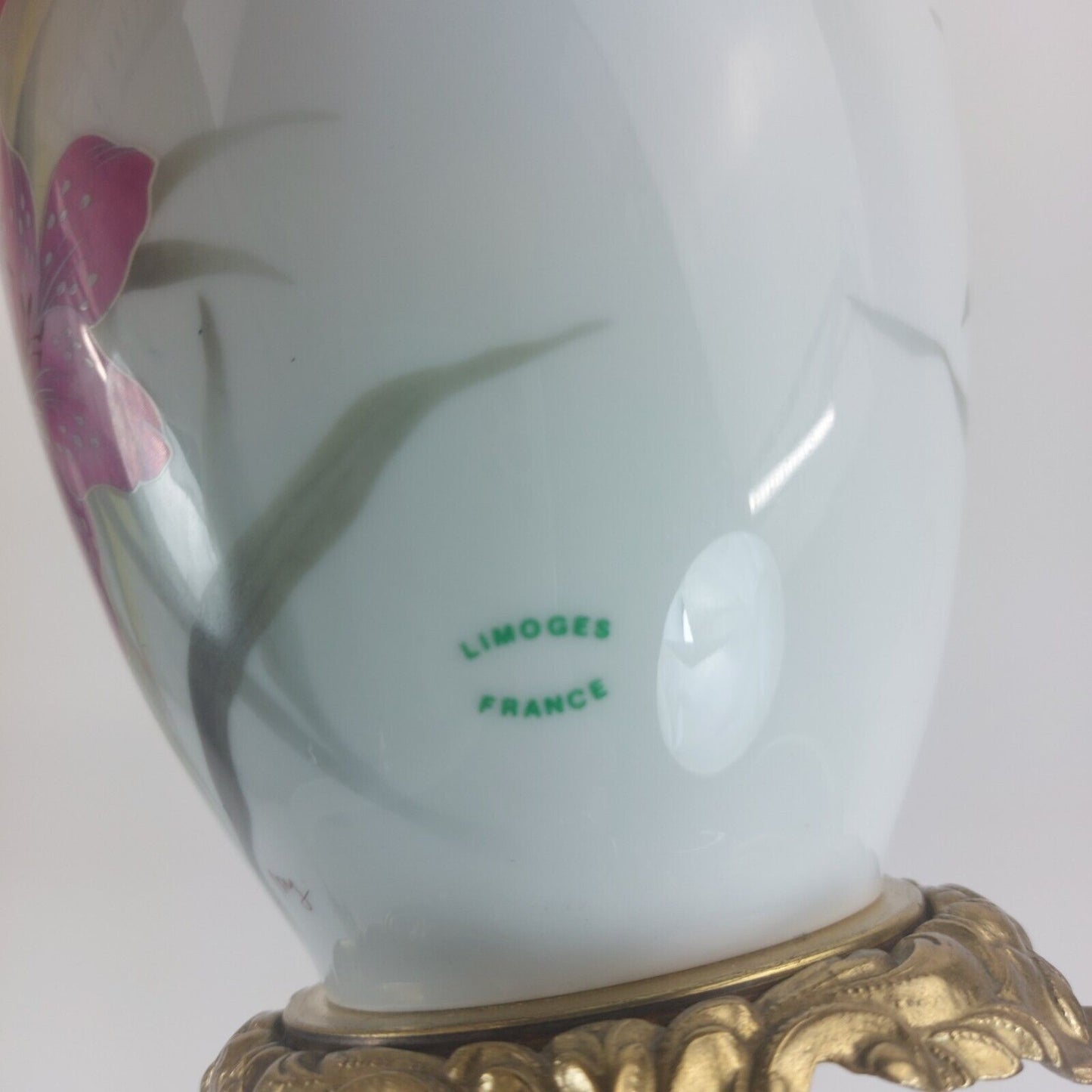 Limoges France Porcelain Lamp with Floral Design, Gold Accents, Estimated 1960's