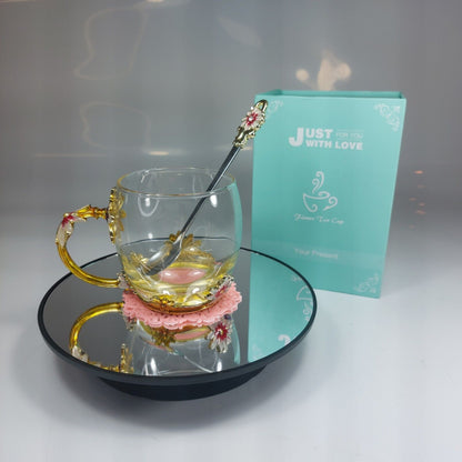 Elegant Glass Tea Cup Set with Spoon and Floral Coaster - Gift Box Included