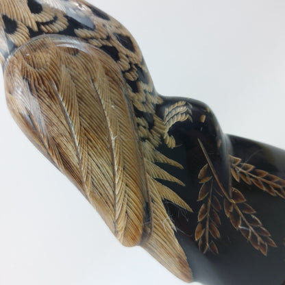 Hand-Carved Buffalo Horn Eagle Figurine 6-Inch on Wooden Base - Good Condition